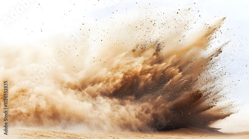 A turbulent sand cloud with dust and small particles flying rapidly through the air on white