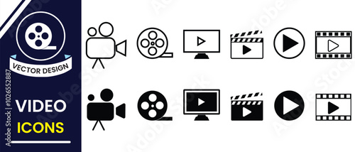 Video player icon, vector set. Media player vector icons set. Set of video player icon, silhouette. Collection of multimedia symbols. Camera, clapperboard, movie, film icon.  Vector illustration. 