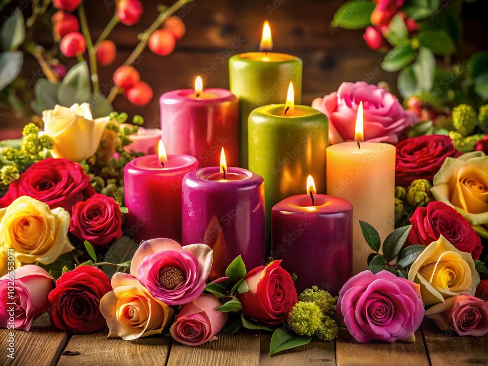 Romantic Candles and Roses Arrangement for Elegant Home Decor and Special Occasions, Perfect for Celebrations and Gifts Romantic Candles and Roses Arrangement for Elegant Home Decor and Special Occasions, Perfect for Celebrations and Gifts