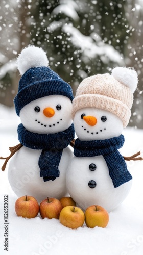 Wallpaper Mural Cute snowmen with orange and white colors embrace warmly under an apple tree filled with red apples, enjoying a light snowfall on a cheerful day Torontodigital.ca