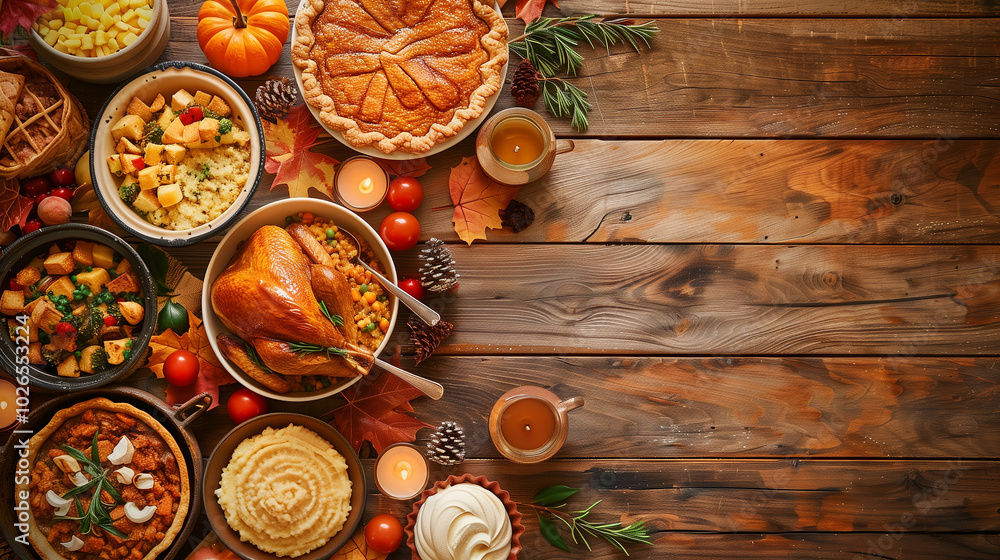 A festive Thanksgiving feast with a roasted turkey, pies, and seasonal sides beautifully arranged on a rustic wooden table. A festive Thanksgiving feast with a roasted turkey, pies, and seasonal sides beautifully arranged on a rustic wooden table.