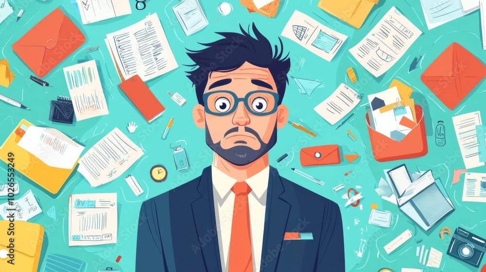 A confused businessman surrounded by scattered papers, conveying a sense of overwhelm in a vibrant office setting. A confused businessman surrounded by scattered papers, conveying a sense of overwhelm in a vibrant office setting.
