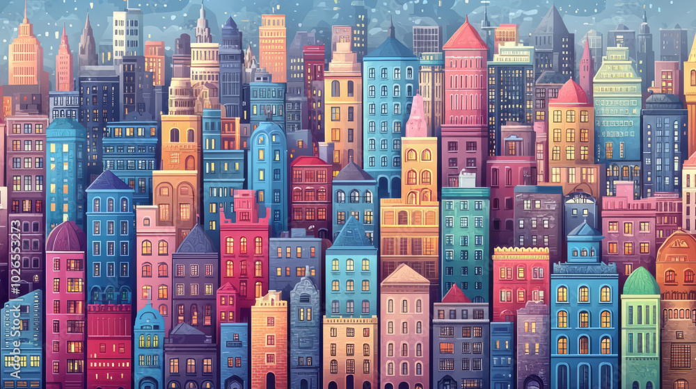 Obraz premium Vibrant cityscape illustration featuring colorful buildings and unique architectural designs under a serene sky.