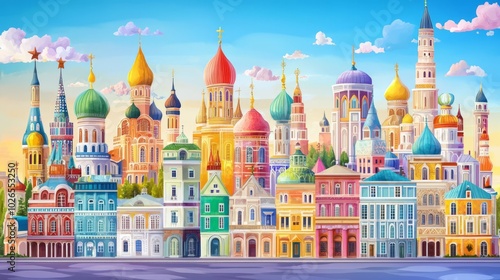 A vibrant cityscape featuring colorful buildings, unique architecture, and a bright sky, capturing the essence of urban beauty.