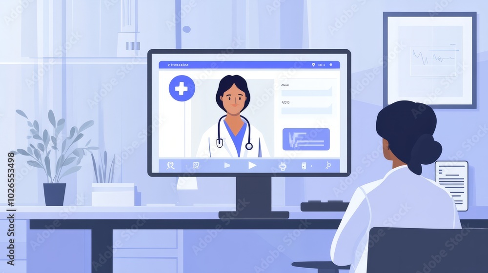 Telemedicine Consultation: Doctor Video Call on Desktop Telemedicine Consultation: Doctor Video Call on Desktop