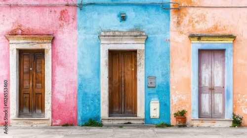 Three colorful doors on a street with pink, blue, and orange walls.