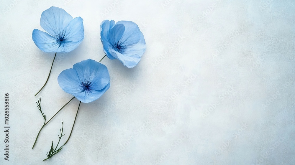 Three delicate blue flowers with long stems arranged on a light grey background. Three delicate blue flowers with long stems arranged on a light grey background.
