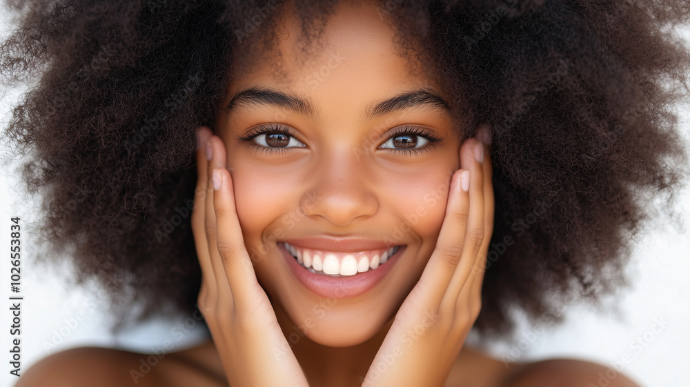 A beautiful young African American girl smiling with her hands on her cheeks, white background, soft focus, vibrant curls framing her face. A beautiful young African American girl smiling with her hands on her cheeks, white background, soft focus, vibrant curls framing her face.