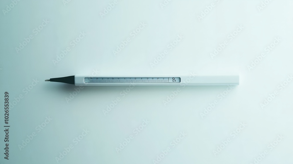 Thermometer, Digital thermometer lying flat on a white surface Thermometer, Digital thermometer lying flat on a white surface