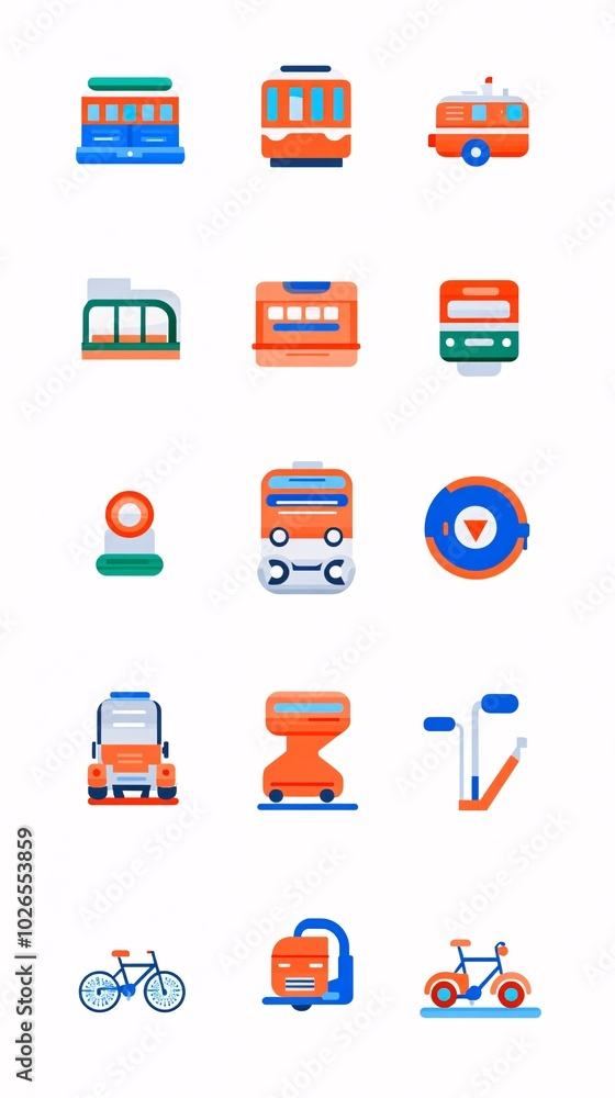 A set of 15 colorful icons depicting various modes of transportation, including trams, buses, trains, cars, bicycles, and a scooter. A set of 15 colorful icons depicting various modes of transportation, including trams, buses, trains, cars, bicycles, and a scooter.