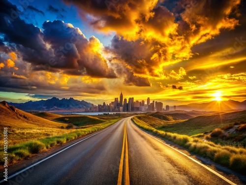 Scenic Road Leading to the Golden City with Stunning Landscape and Dramatic Sky at Dusk for Travel Enthusiasts