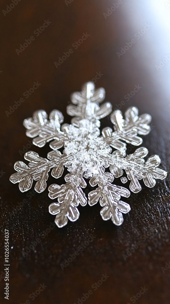 A single snowflake on a wooden surface. A single snowflake on a wooden surface.
