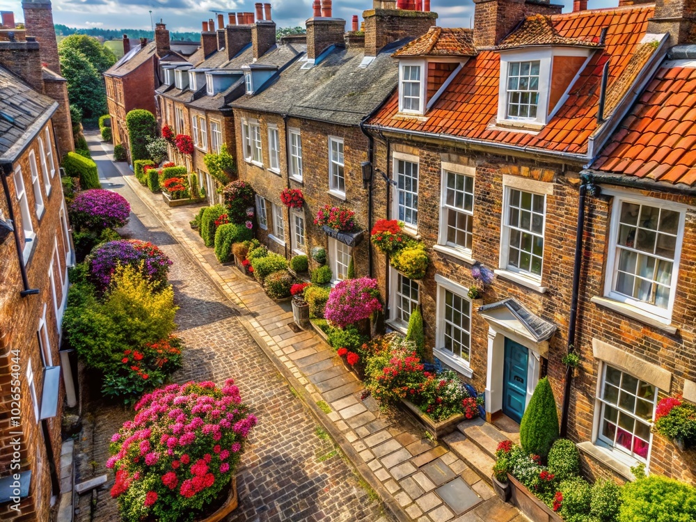 Fototapeta premium Brick townhouses in York boast traditional facades, reflecting the city’s rich history. Candid photography captures their unique charm and period