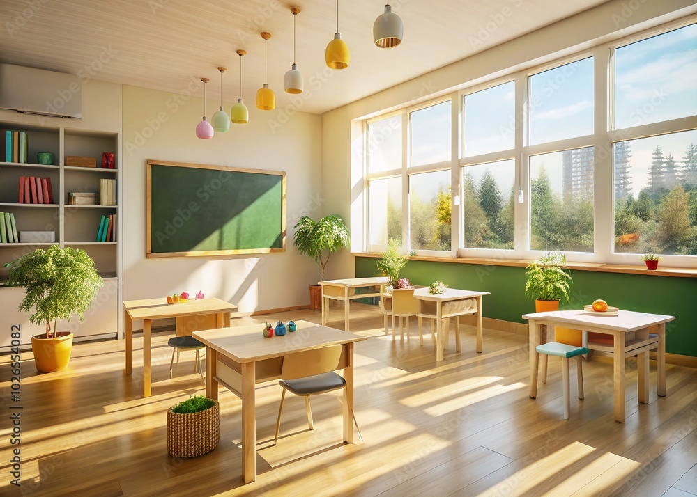 Bright and Airy Classroom with Empty Chalkboard for Educational Concepts, Ideal for Low Light Photography Bright and Airy Classroom with Empty Chalkboard for Educational Concepts, Ideal for Low Light Photography