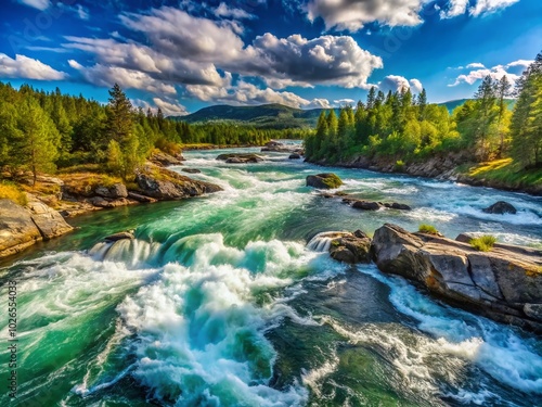 Breathtaking water formations grace Storforsen River, showcasing Norway's stunning natural beauty in a captivating display of cascading flows and photo