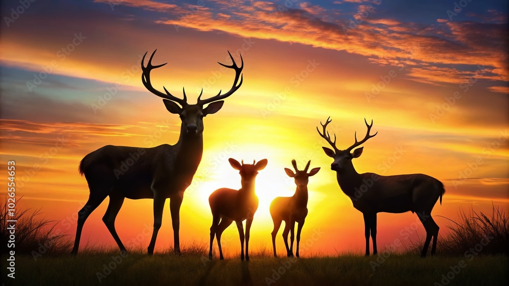 Serene Deer Family Silhouette at Sunset - Nature's Beauty in a Tranquil Landscape for Wildlife and Outdoor Enthusiasts Serene Deer Family Silhouette at Sunset - Nature's Beauty in a Tranquil Landscape for Wildlife and Outdoor Enthusiasts