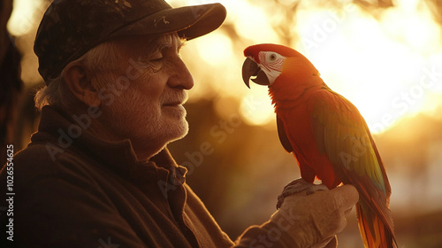 Grandpa old senior man sitting outside in the park talking communication with parrot bird. Pet as a best friend and member of family concept photo