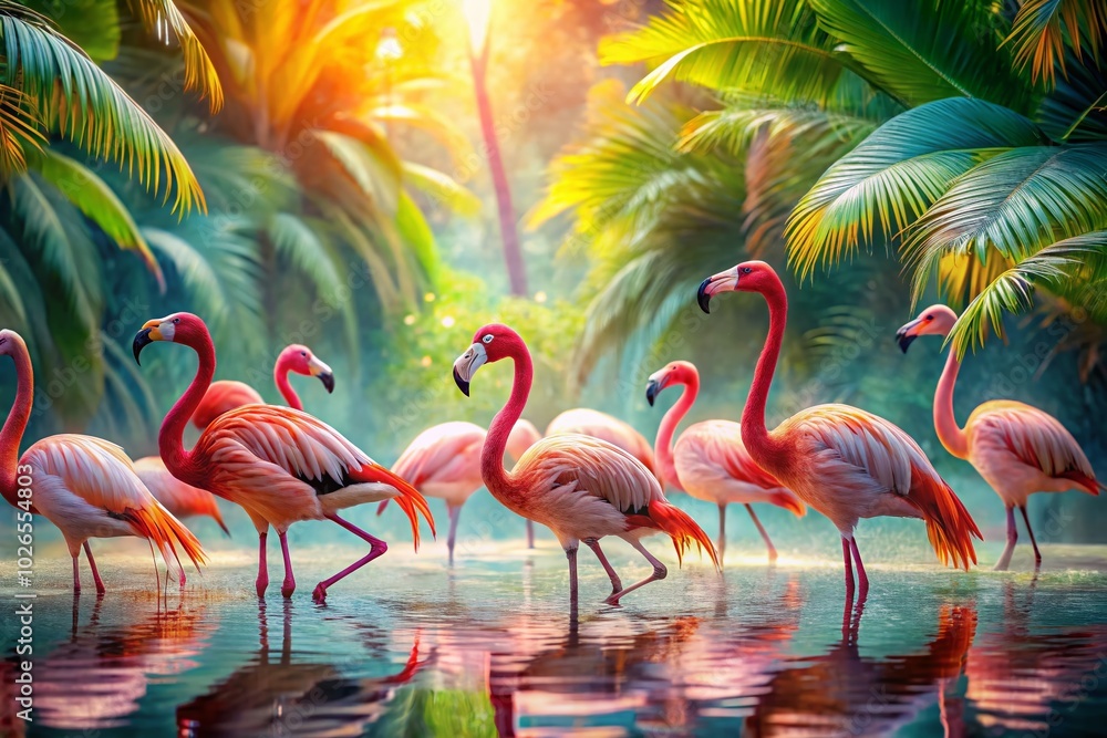Fototapeta premium Bright pink flamingo watercolor banner perfect for tropical decor, bringing a fun, vibrant touch to your parties, events, or home design. Ideal for