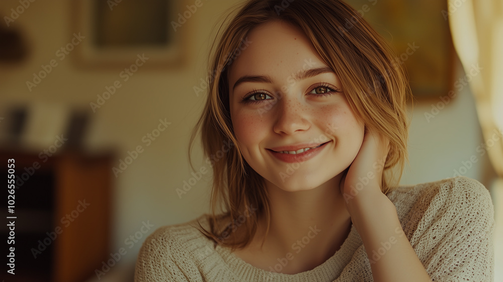 A cute young woman smiling softly with her hand behind her neck, casual and relaxed pose, natural light, soft background blur, warm and friendly atmosphere, photorealistic portrait. A cute young woman smiling softly with her hand behind her neck, casual and relaxed pose, natural light, soft background blur, warm and friendly atmosphere, photorealistic portrait.