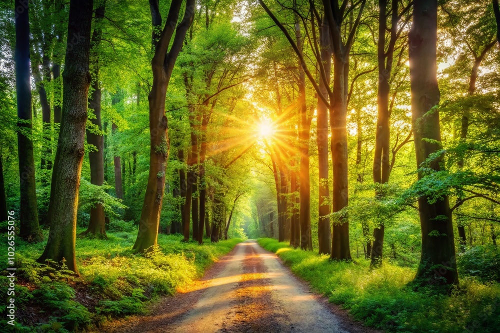 Fototapeta premium Serene Pathway in the Woods Surrounded by Lush Greenery and Sunlight Filtering Through the Trees for Nature Lovers