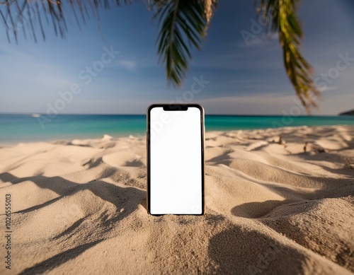 Mobile phone mockup with blank screen on the white sand on the tropical beach with blue wate 