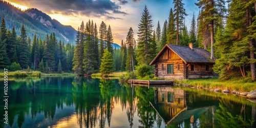 Serene Old Log Cabin by Forest Lake Surrounded by Tall Trees and Nature's Beauty in Tranquil Wilderness Setting