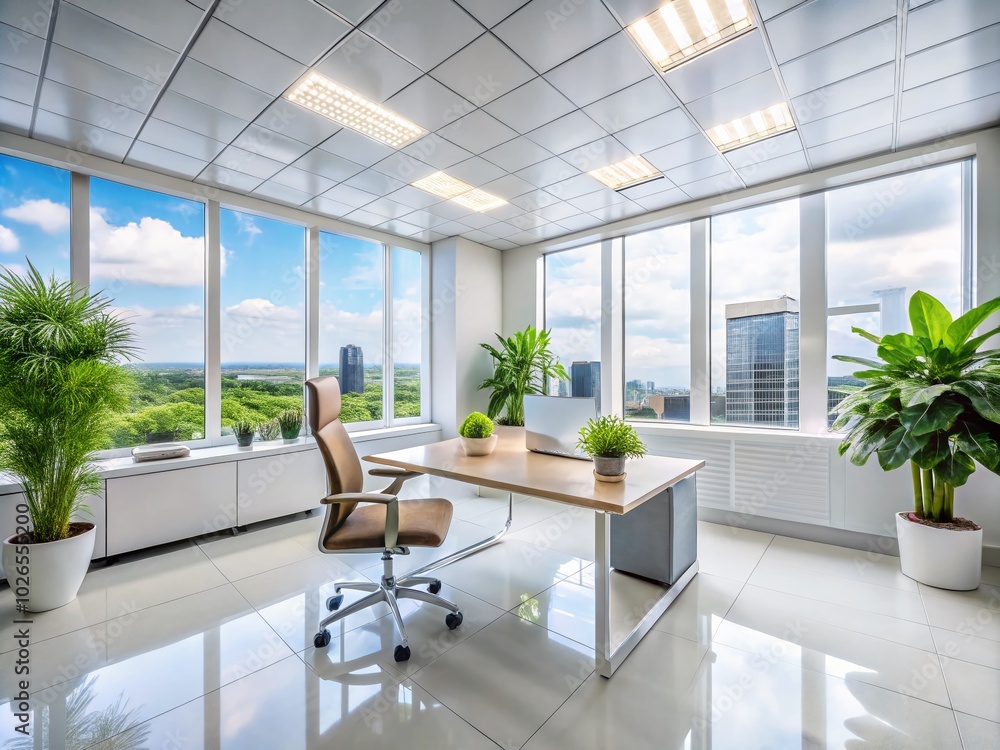 Bright White Office Room with Tiled Ceiling for Modern Workspace Imagery Bright White Office Room with Tiled Ceiling for Modern Workspace Imagery