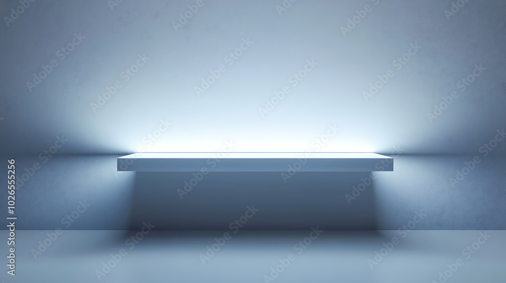 A futuristic product presentation space with a floating shelf illuminated by soft LED lights, matte white walls with subtle textures, minimalist design, perfect for tech gadgets or beauty products. A futuristic product presentation space with a floating shelf illuminated by soft LED lights, matte white walls with subtle textures, minimalist design, perfect for tech gadgets or beauty products.
