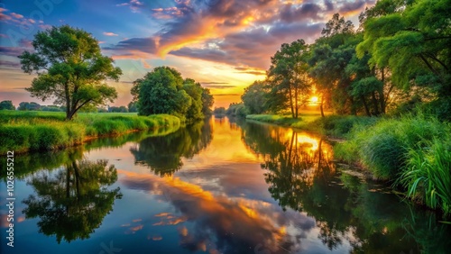 Serene River Scene at Sunset with Reflection and Lush Greenery Surrounding the Tranquil Waterway in Nature's Embrace