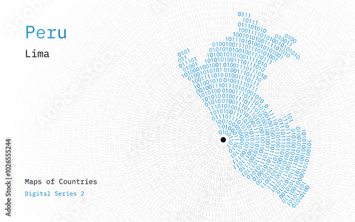 A map of Peru depicted in zeros and ones in the form of a circle. The capital, Lima, is shown in the center of the circle	
