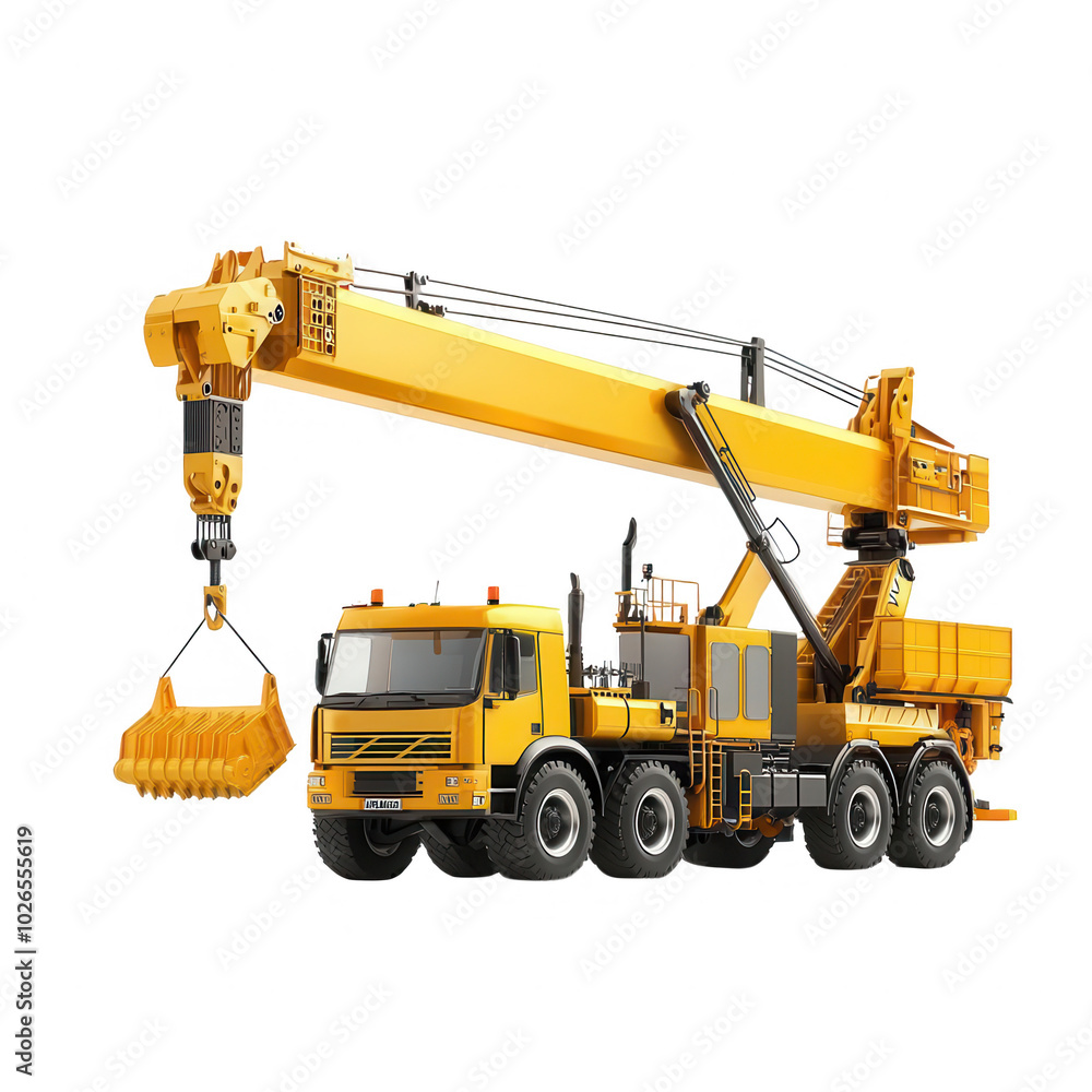 Yellow construction crane on vehicle, white isolate background Yellow construction crane on vehicle, white isolate background