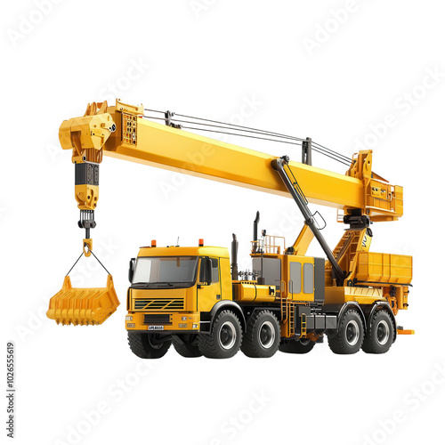 Yellow construction crane on vehicle, white isolate background