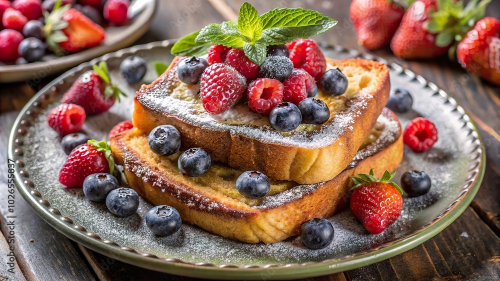 Delicious French toast stacked high with fresh berries and mint leaves for a delightful breakfast treat Delicious French toast stacked high with fresh berries and mint leaves for a delightful breakfast treat