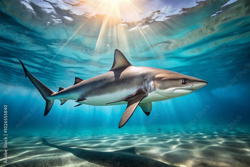 Fototapeta premium Silver Tip Shark Swimming Gracefully in Clear Ocean Waters, Showcasing Its Sleek Body and Sharp Features Underwater