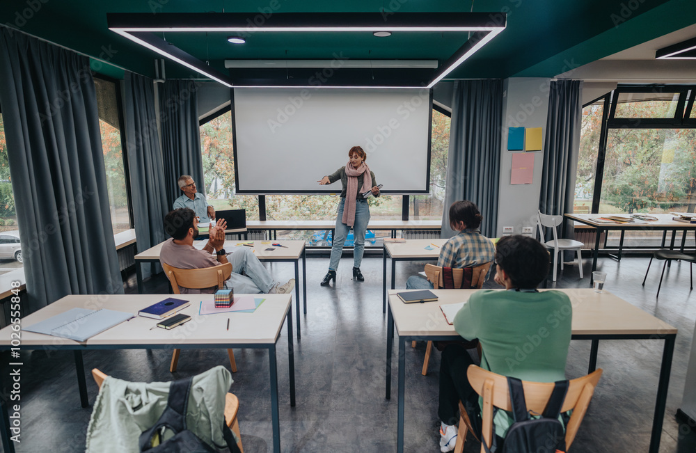 A woman presents to a group of attentive adults in a modern classroom. The atmosphere is collaborative and focused, with participants taking notes and engaging with the speaker. A woman presents to a group of attentive adults in a modern classroom. The atmosphere is collaborative and focused, with participants taking notes and engaging with the speaker.