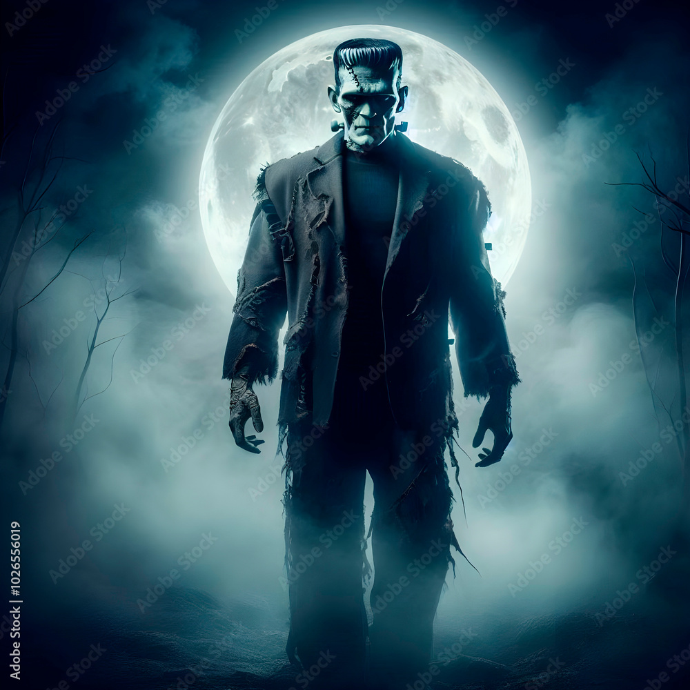Halloween image featuring Frankenstein's monster on a foggy night, perfect for decorations and spooky settings. Halloween image featuring Frankenstein's monster on a foggy night, perfect for decorations and spooky settings.