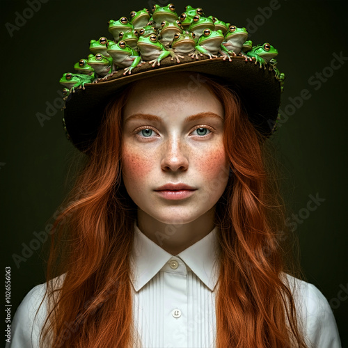 portrait of a woman with a frog hat photo