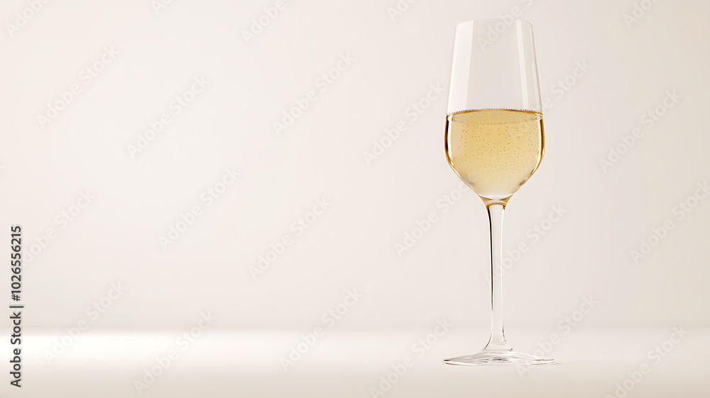 Fototapeta premium A sleek glass of sparkling white wine on a pure white background, bubbles visible inside the wine, simple yet refined close-up composition, perfect lighting.