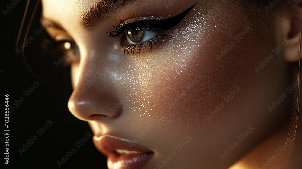 A stunning close-up of a model's face with perfectly applied black eyeliner, highlighting her smooth skin and glowing complexion, professional makeup, warm lighting, detailed texture. A stunning close-up of a model's face with perfectly applied black eyeliner, highlighting her smooth skin and glowing complexion, professional makeup, warm lighting, detailed texture.