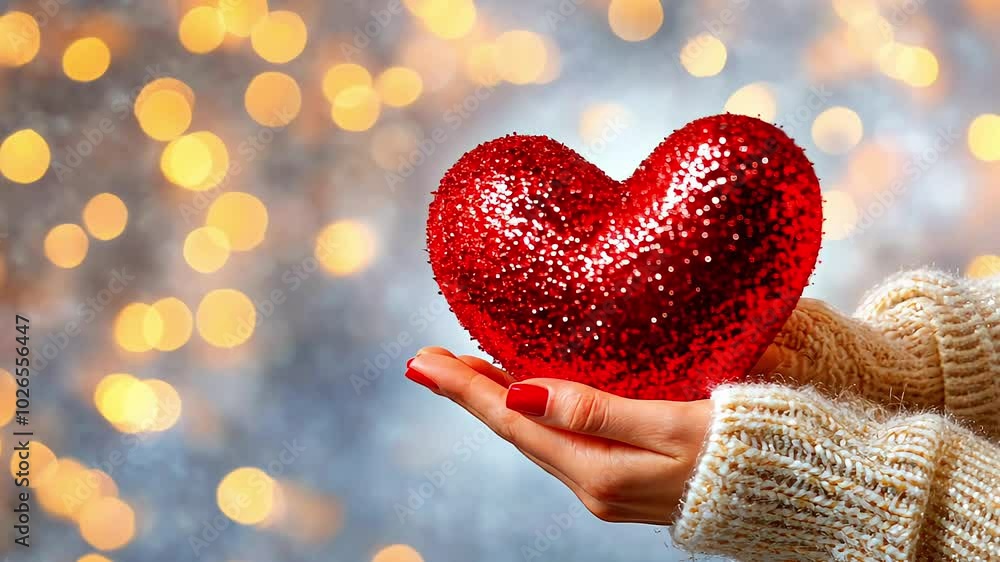 Woman Holding Sparkly Red Heart Against Blurred Lights Background for Valentine's Day.Giving Tuesday ,Day of Charity, Valentines day concept