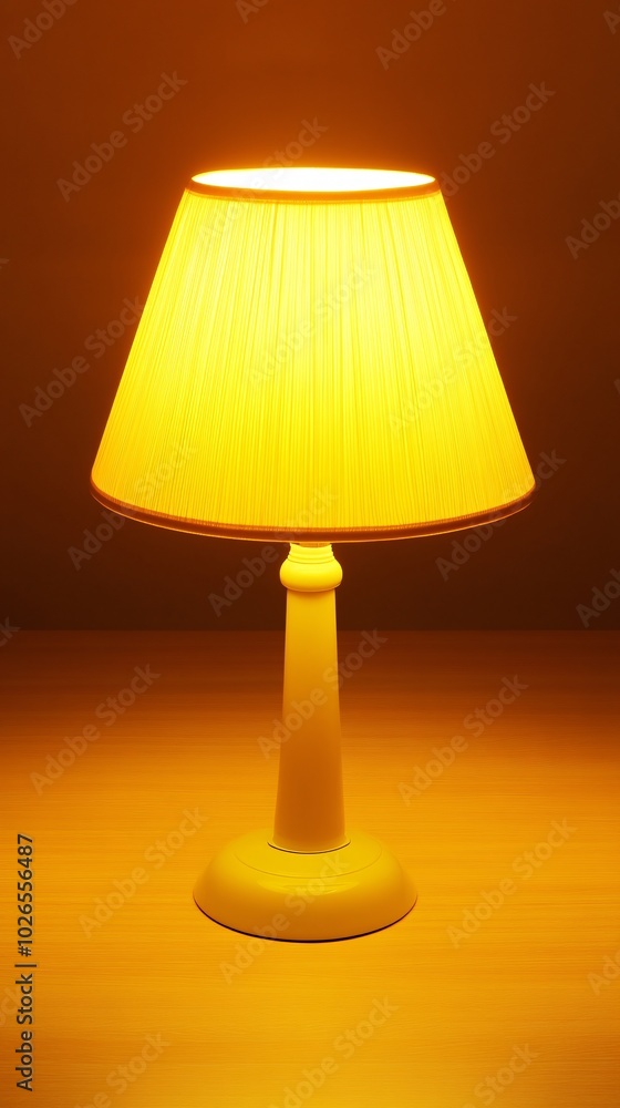 A white table lamp with a beige lampshade is turned on, casting a warm yellow glow on a wooden surface. A white table lamp with a beige lampshade is turned on, casting a warm yellow glow on a wooden surface.