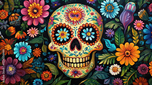 Colorful sugar skull with flowers