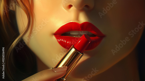 A stunning close-up of a woman with red lips, elegantly holding a lipstick in her hand, soft focus on the lips and hand, sophisticated and refined expression, warm lighting, high-fashion vibe