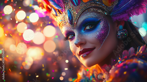 A vibrant close-up of a Festival of Fantasy, colorful costumes with intricate details, sparkling face paint, joyful expressions, confetti in the air, glowing lights in the background, festive  photo