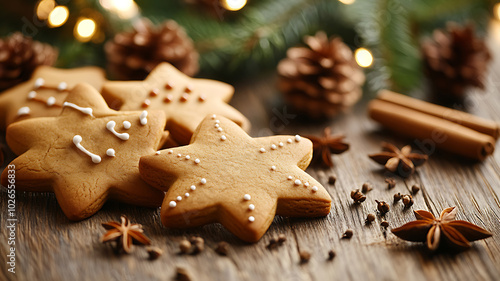 Christmas cookies of star and tree-shaped gingerbread on a wooden country table, surrounded by festive spices such as cinnamon sticks, cloves and star anise, warm lighting, festive atmosphere.