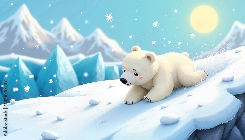 Cute cartoon polar bear cub resting on snowy landscape under the sun Cute cartoon polar bear cub resting on snowy landscape under the sun