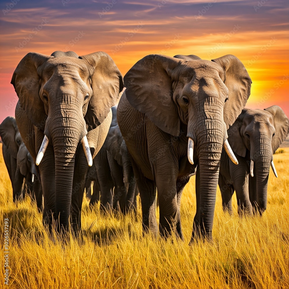 Fototapeta premium African Elephant Herd in Sunset Grassland