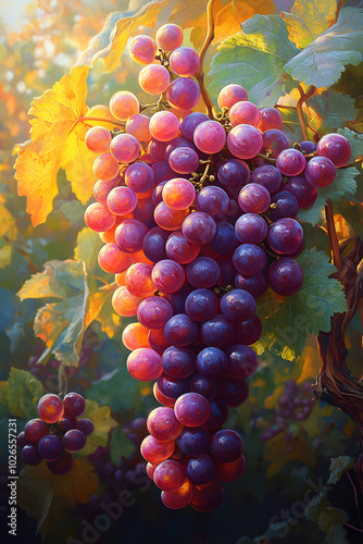 A bunch of grapes hanging from a vine. The grapes are purple and are surrounded by green leaves. The painting captures the beauty of nature and the abundance of fruit