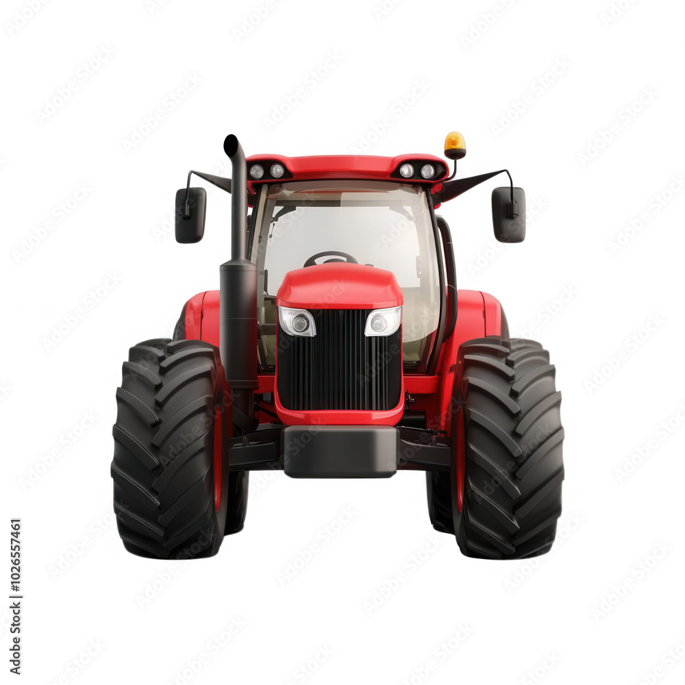 Obraz premium Red tractor, front view, white isolate background.