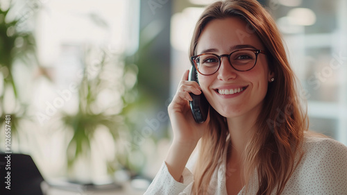 A professional female secretary in a bright, modern office, smiling while talking on the phone, wearing glasses and a white blouse, a desk with minimal clutter, soft natural light.